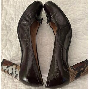 Designer ANYI NU black patent heels‎ with snake print heels and bows. 6.5 italy